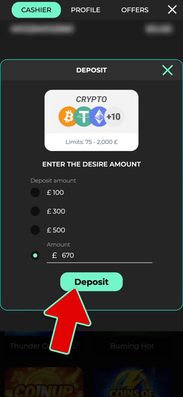 Choose an eligible deposit option and confirm the payment to fund your Admiral Shark wallet.