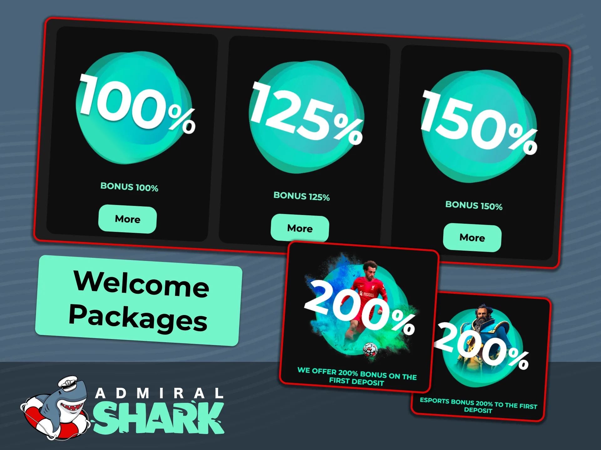 Claim tailored welcome packages for casino, sports, and esports at Admiral Shark.