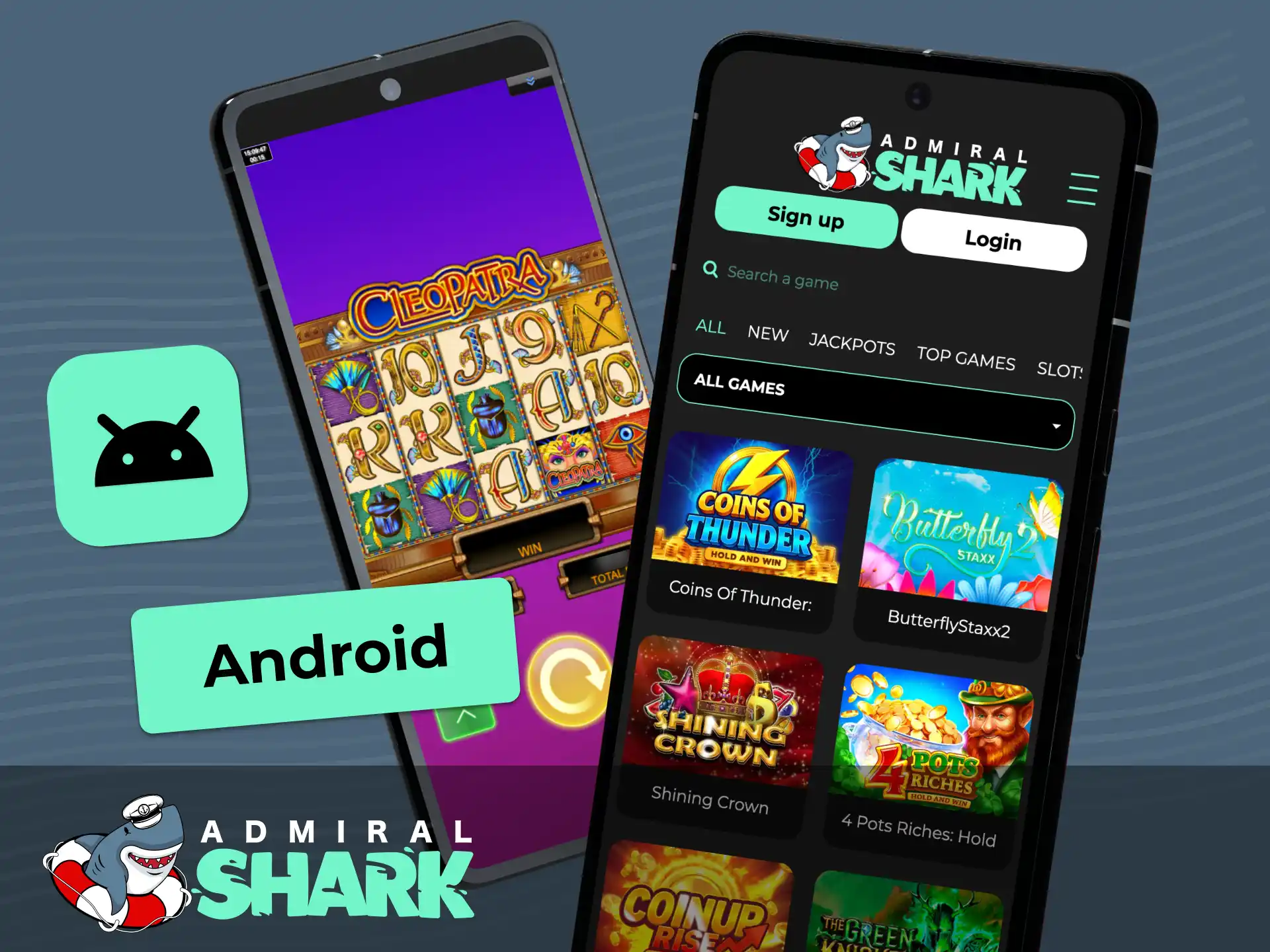 Launch Admiral Shark games on Android devices using the official web application shortcut.