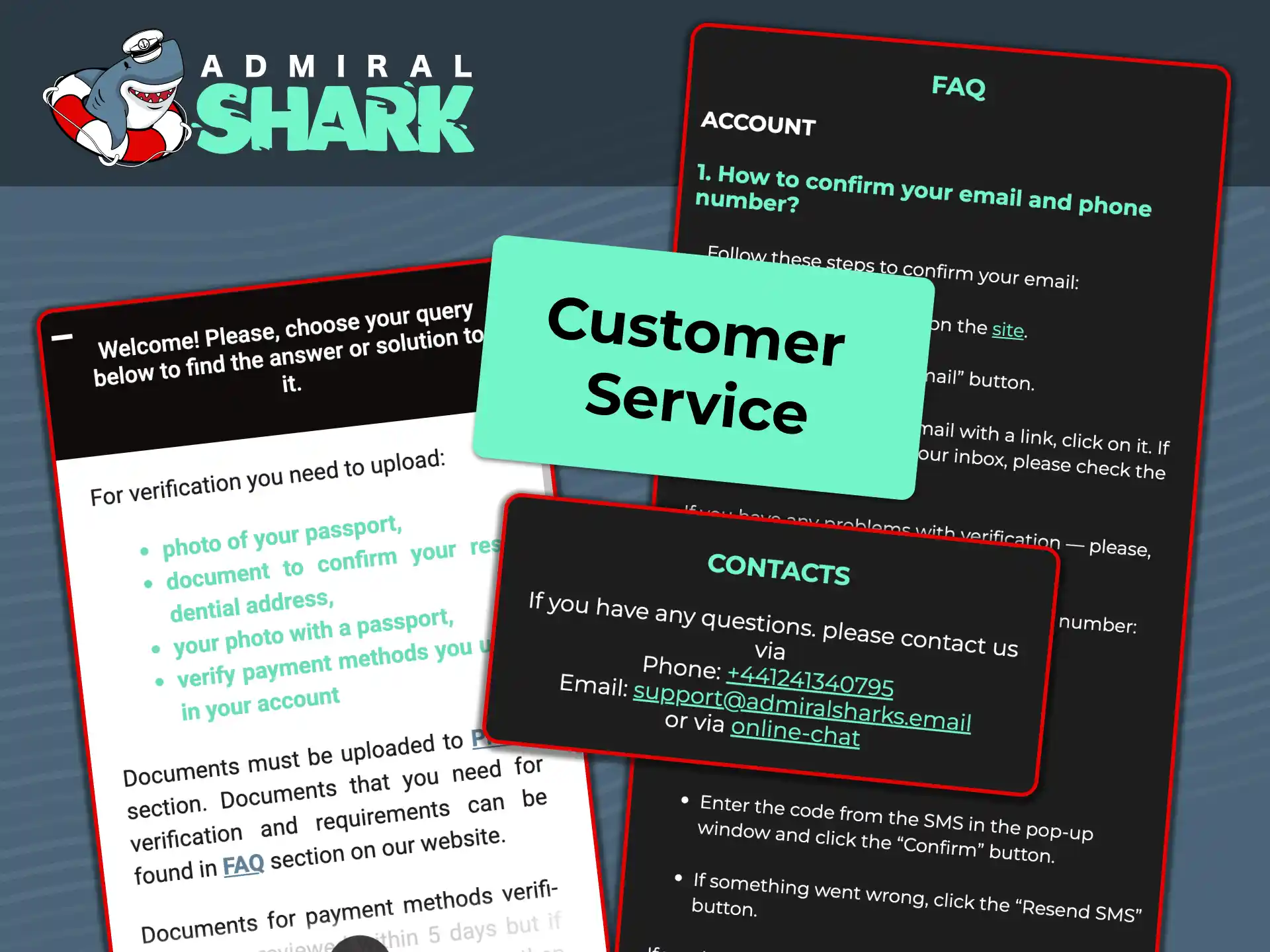 Contact 24/7 customer support at Admiral Shark via live chat, email, or Help Centre.