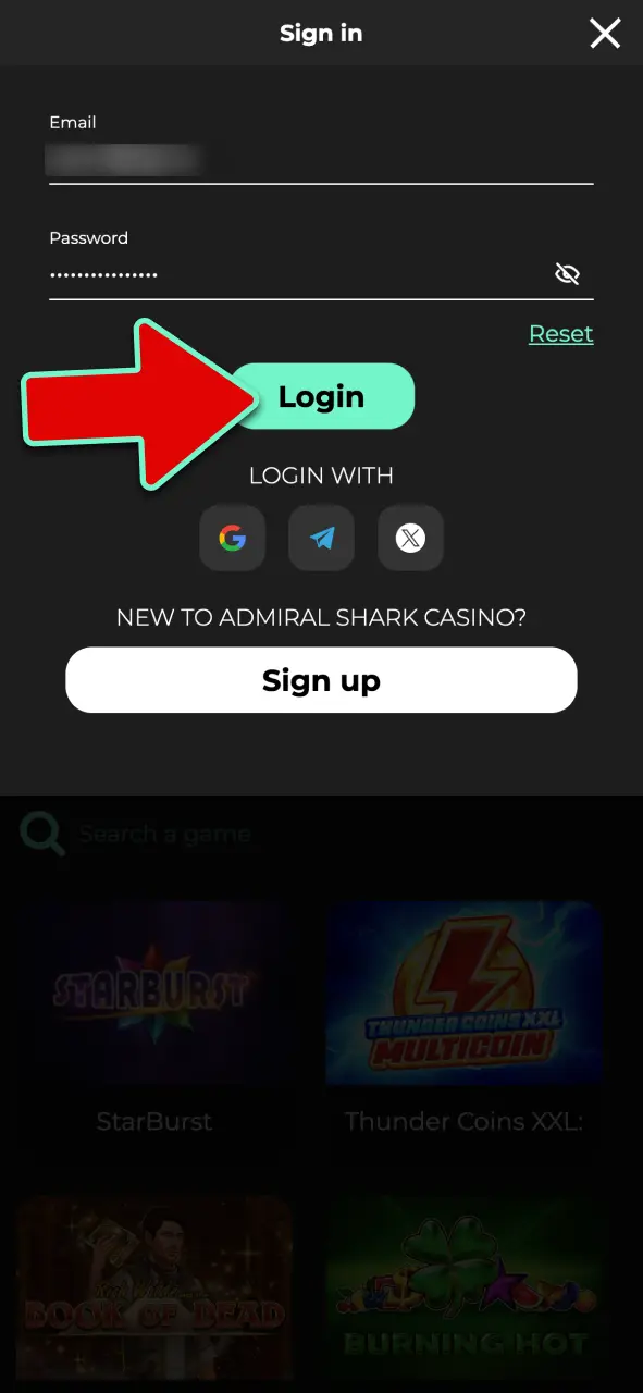 Log in to your Admiral Shark account using your registered email or mobile number and password.