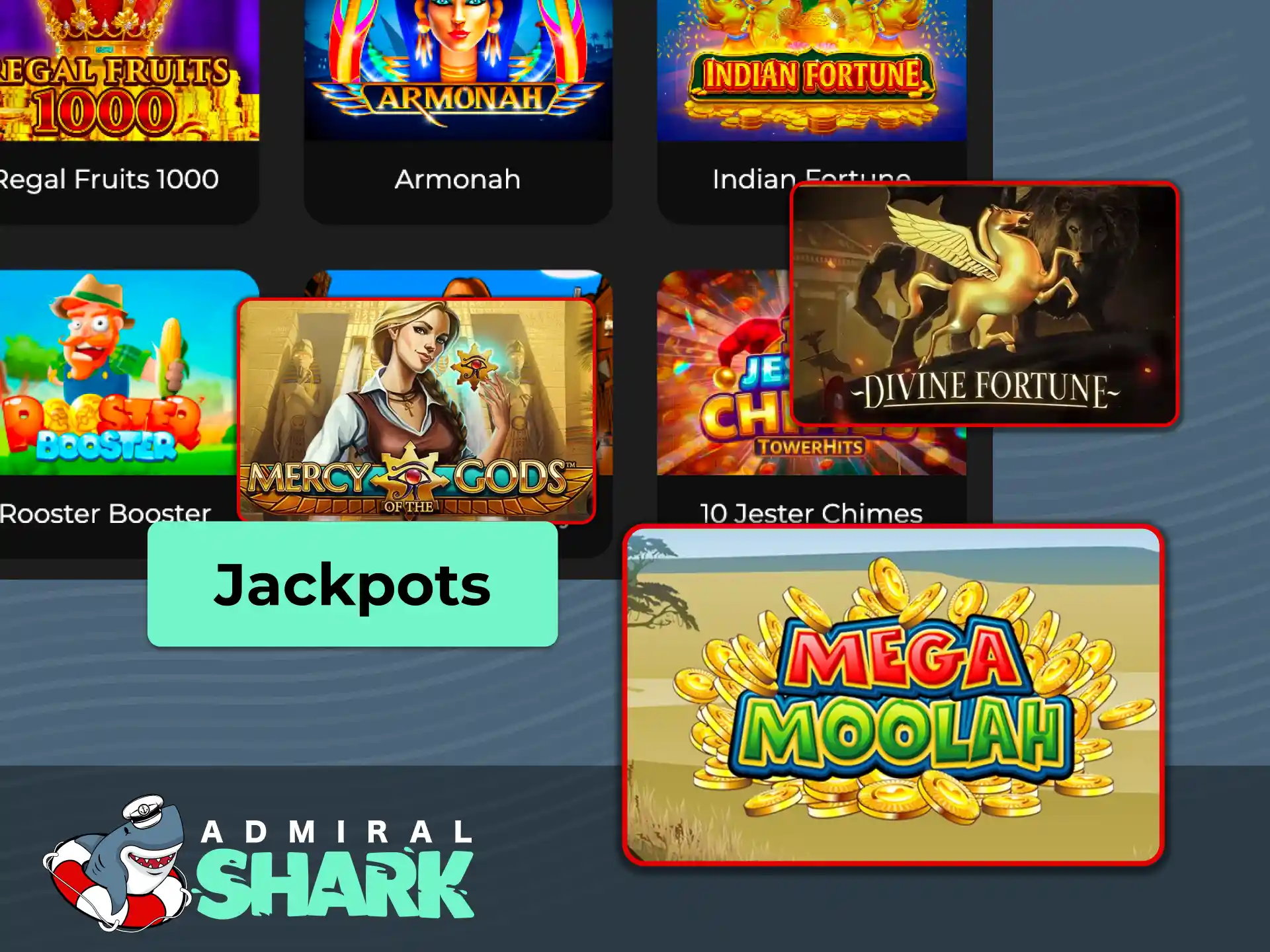 Play jackpot slots at Admiral Shark with daily prize drops and progressive jackpot pools.