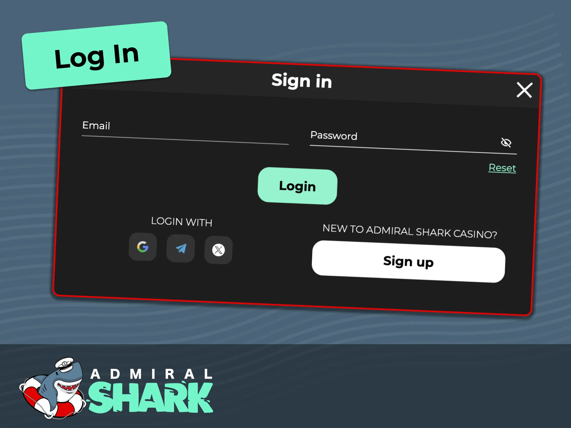 Log in to your Admiral Shark account on desktop or mobile to deposit, withdraw, and play.