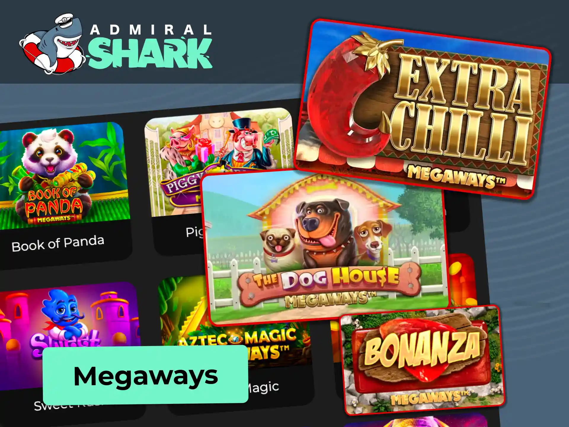 Play Megaways slots at Admiral Shark with thousands of ways to win and cascading reels.