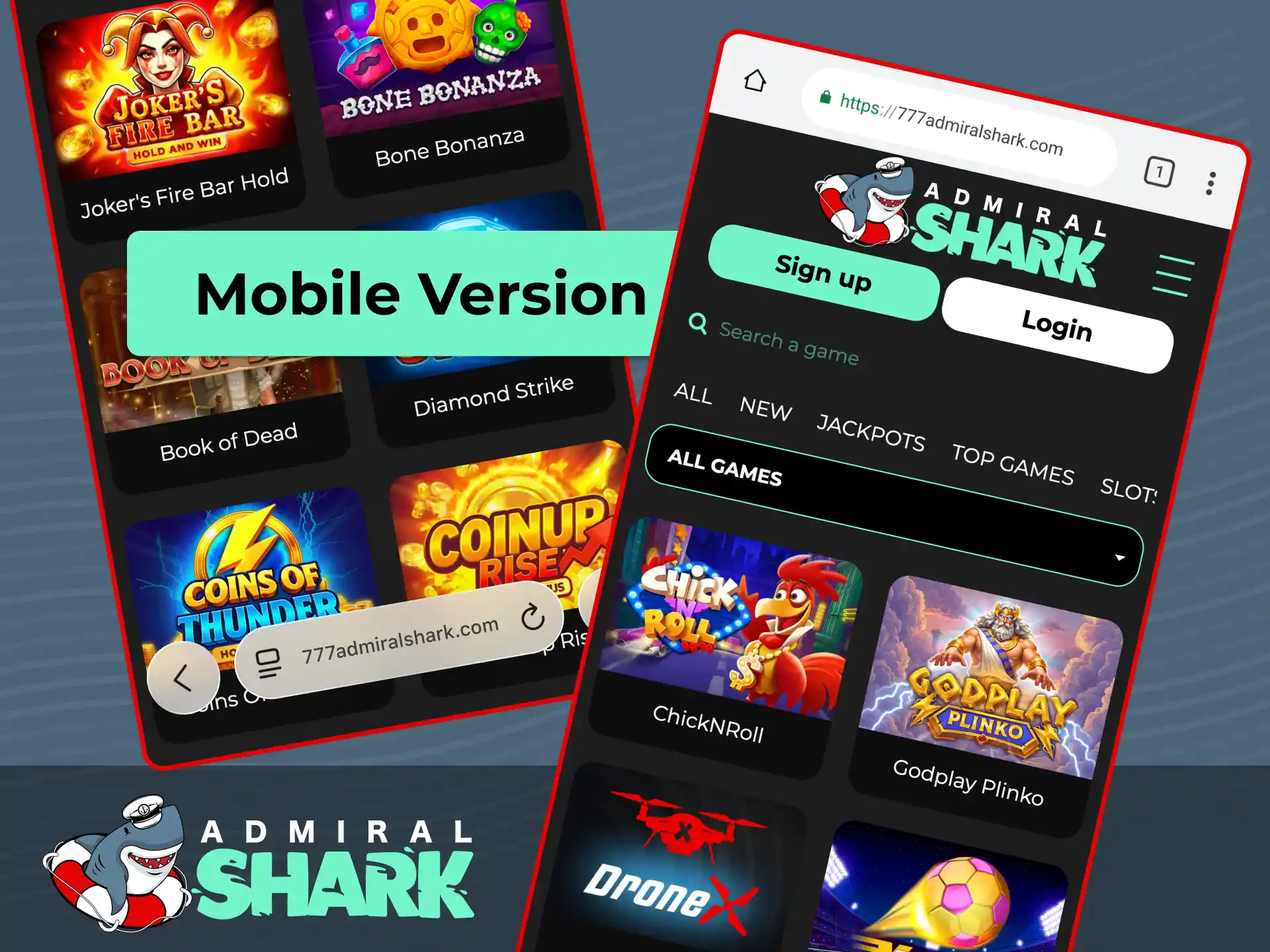 Play games instantly using the Admiral Shark mobile web version without downloading software.