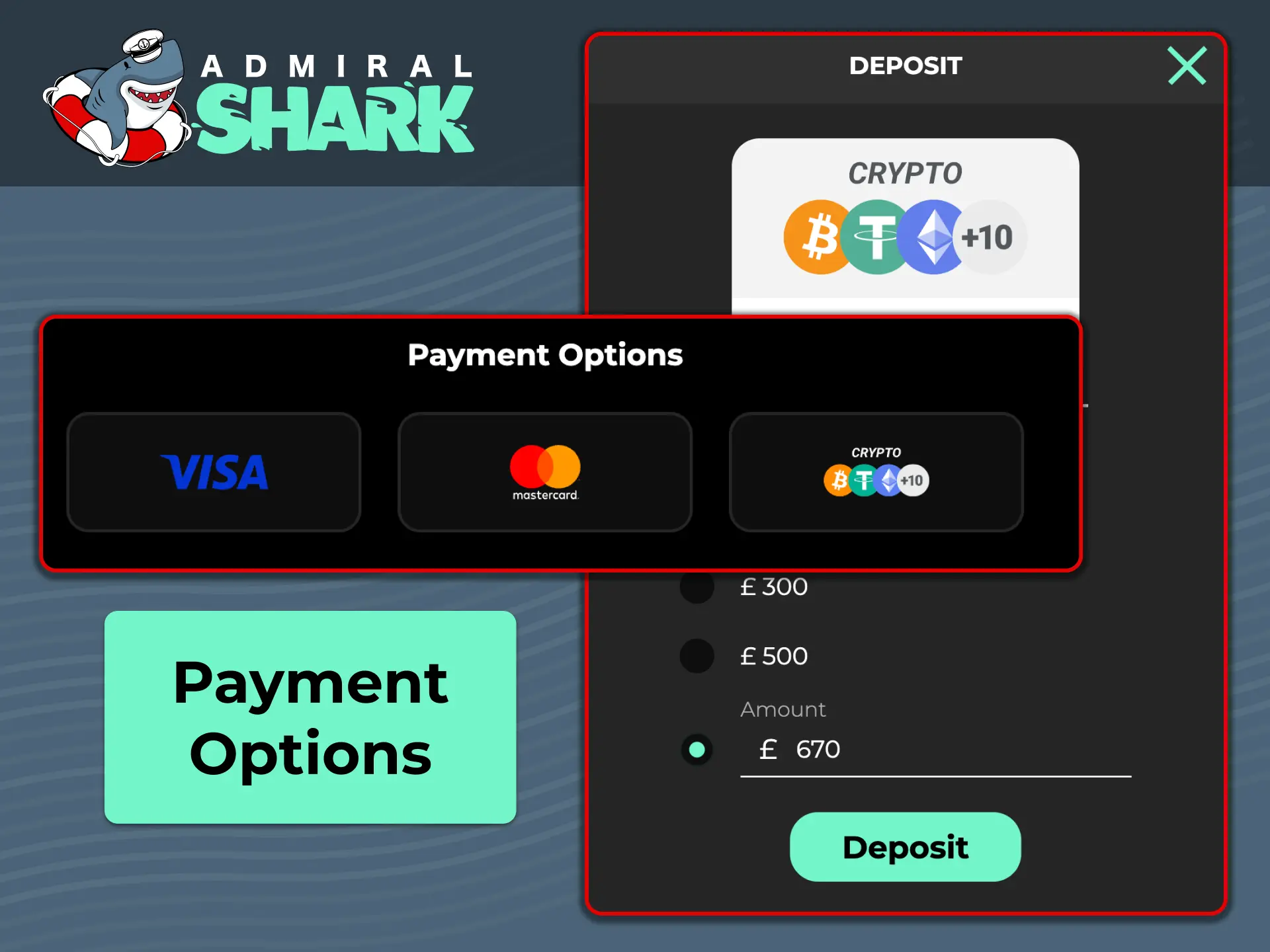 Choose your preferred banking method at Admiral Shark for instant GBP transactions and low fees.