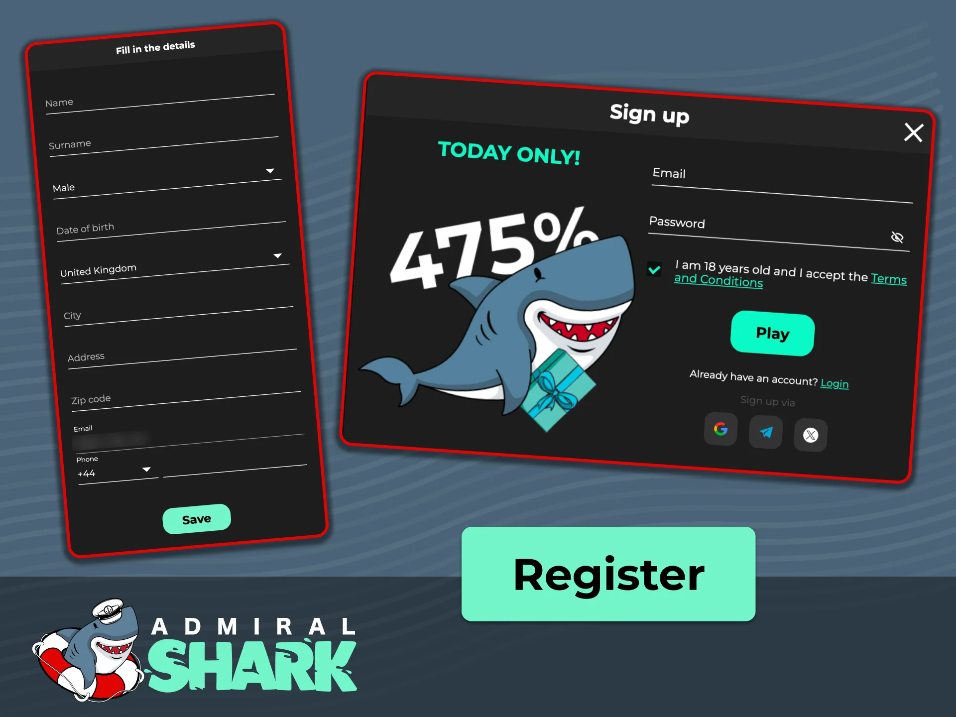 Open the official Admiral Shark registration form to set up your profile and start playing.