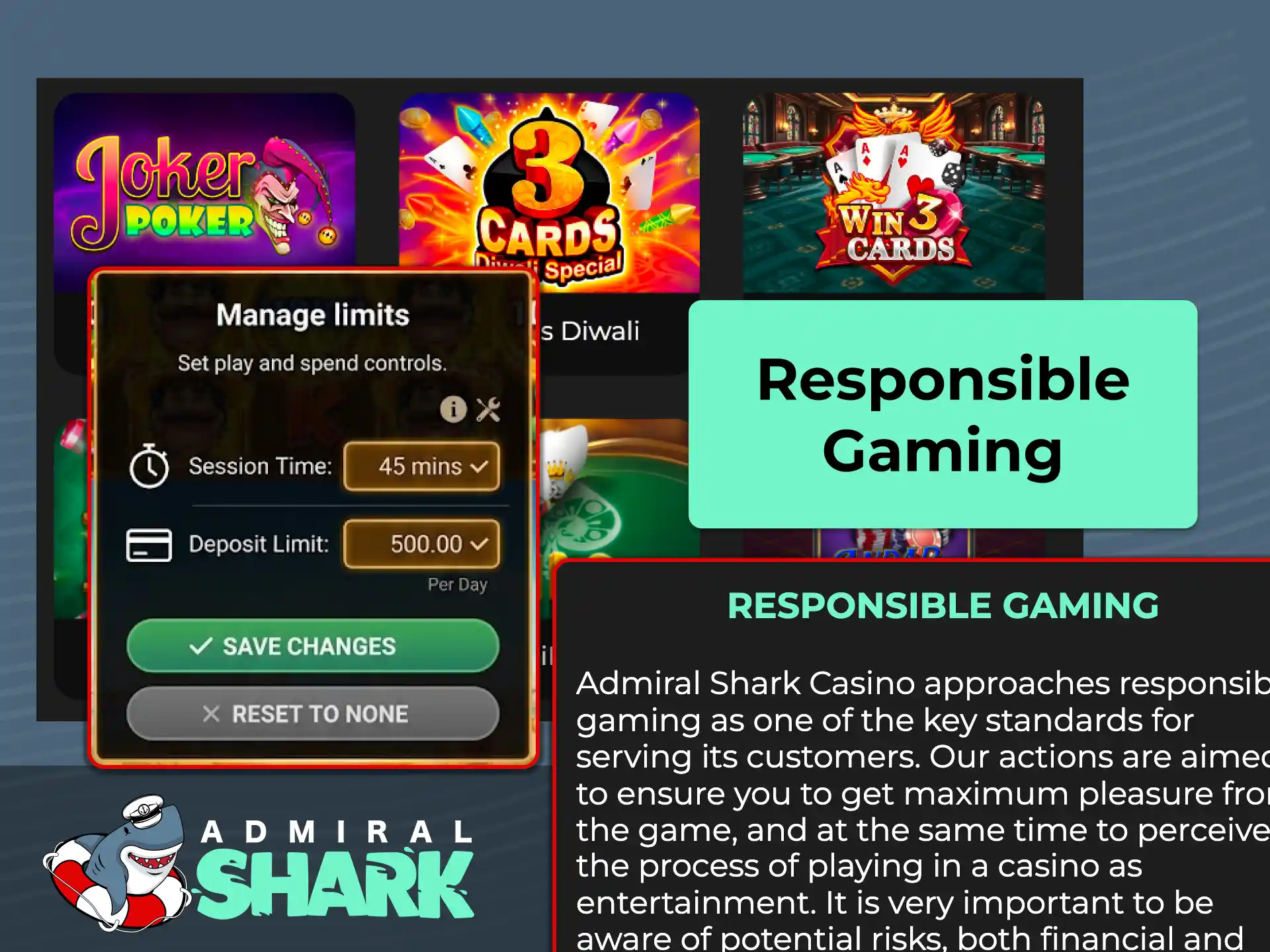 Manage your gambling habits on Admiral Shark using deposit limits, time-outs, and self-exclusion.