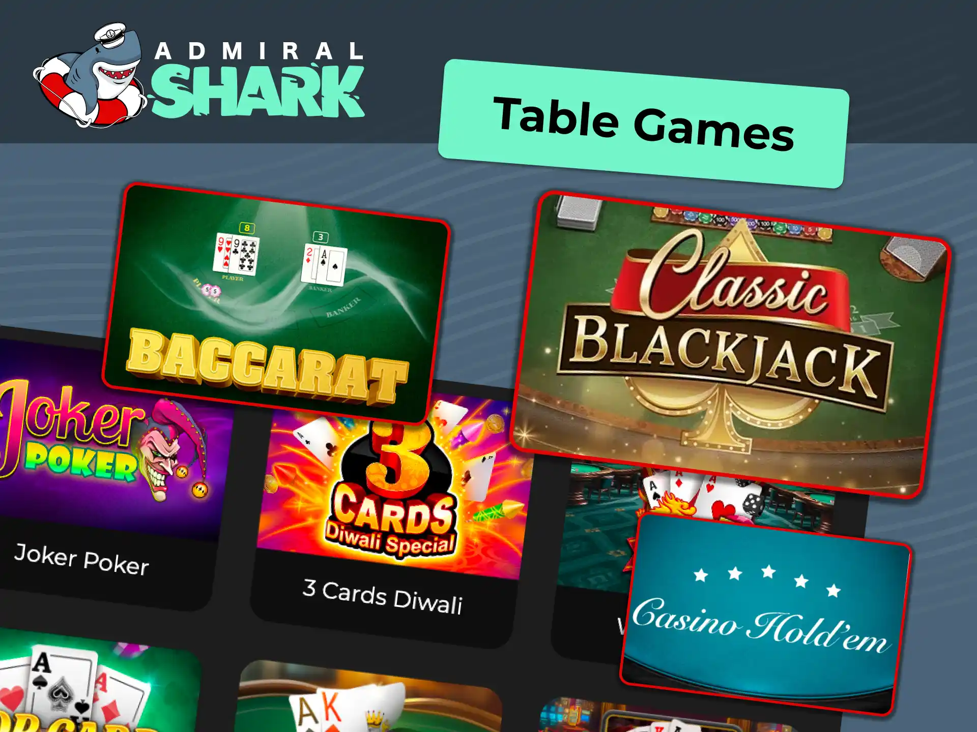Explore diverse table game variants and side bet rulesets on mobile or desktop at Admiral Shark.