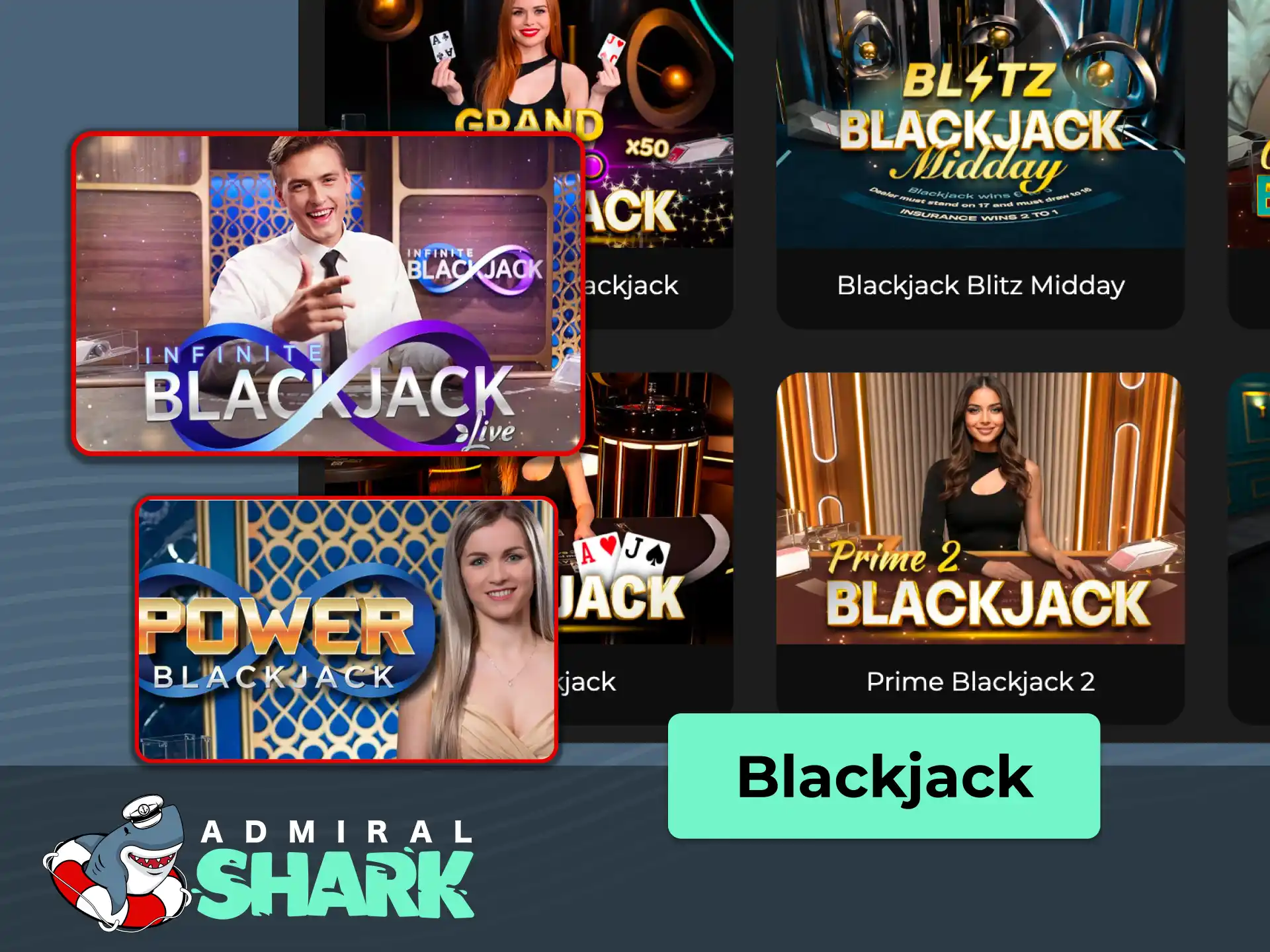 Enjoy standard and scalable infinite-seat live blackjack tables on desktop or mobile at Admiral Shark.