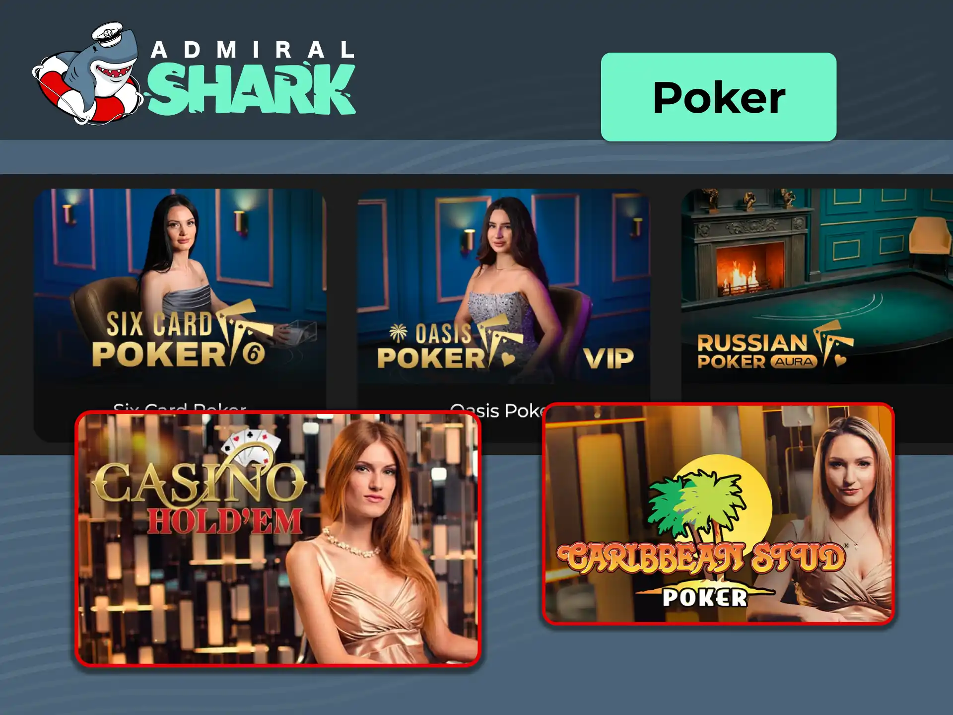 Play live casino poker variants at Admiral Shark, pitting your strategy against professional real-time dealers.