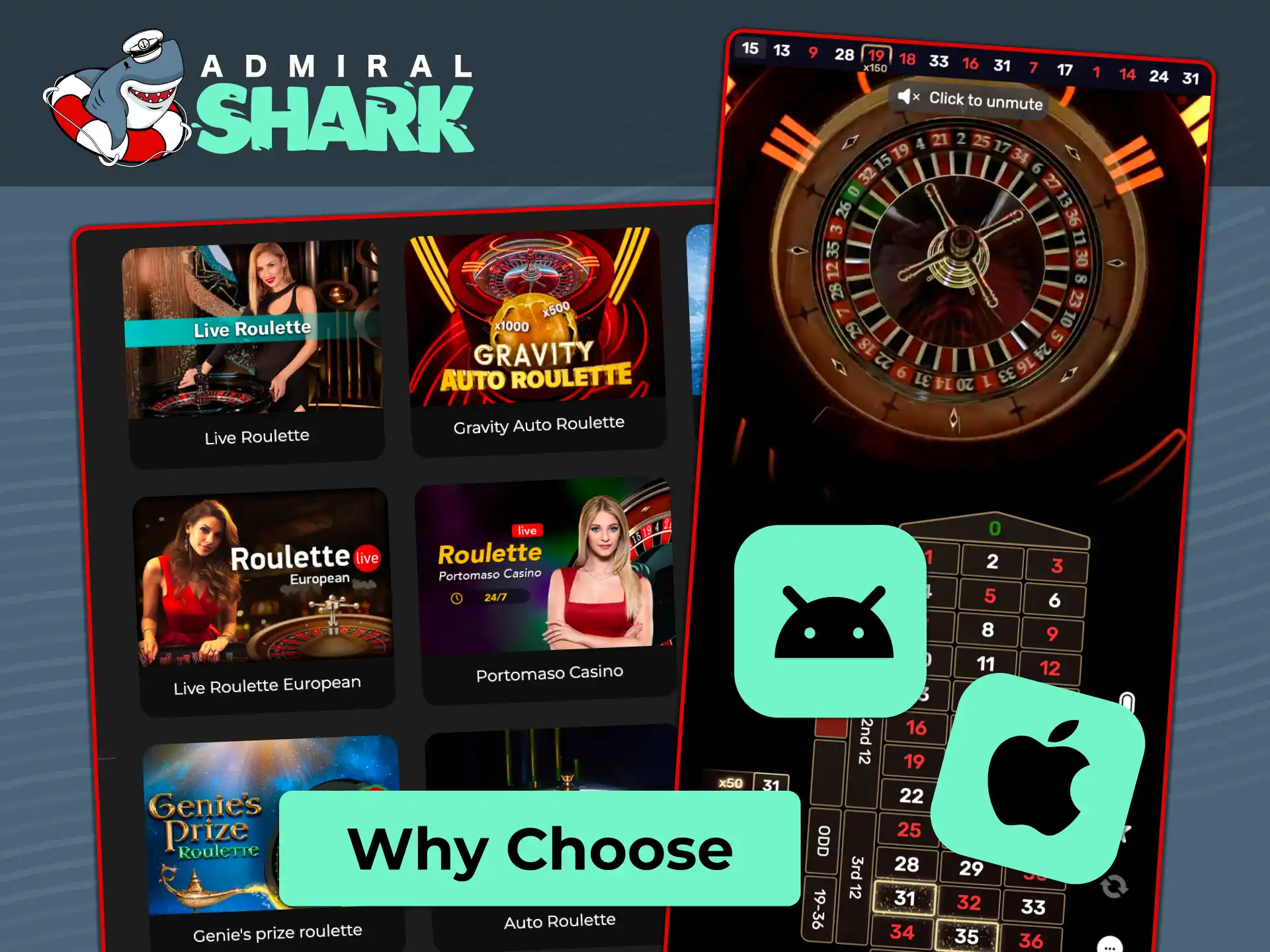 Stream HD live roulette, blackjack, and game shows on iOS and Android with Admiral Shark Casino.