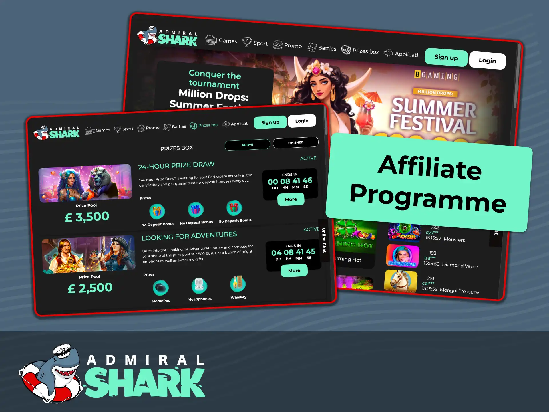 Join the Admiral Shark affiliate programme to earn commissions on players.