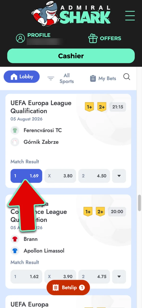 Select a match and price at Admiral Shark to build your bet.