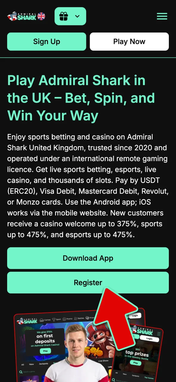 Click to register and easily log in to your Admiral Shark player profile.