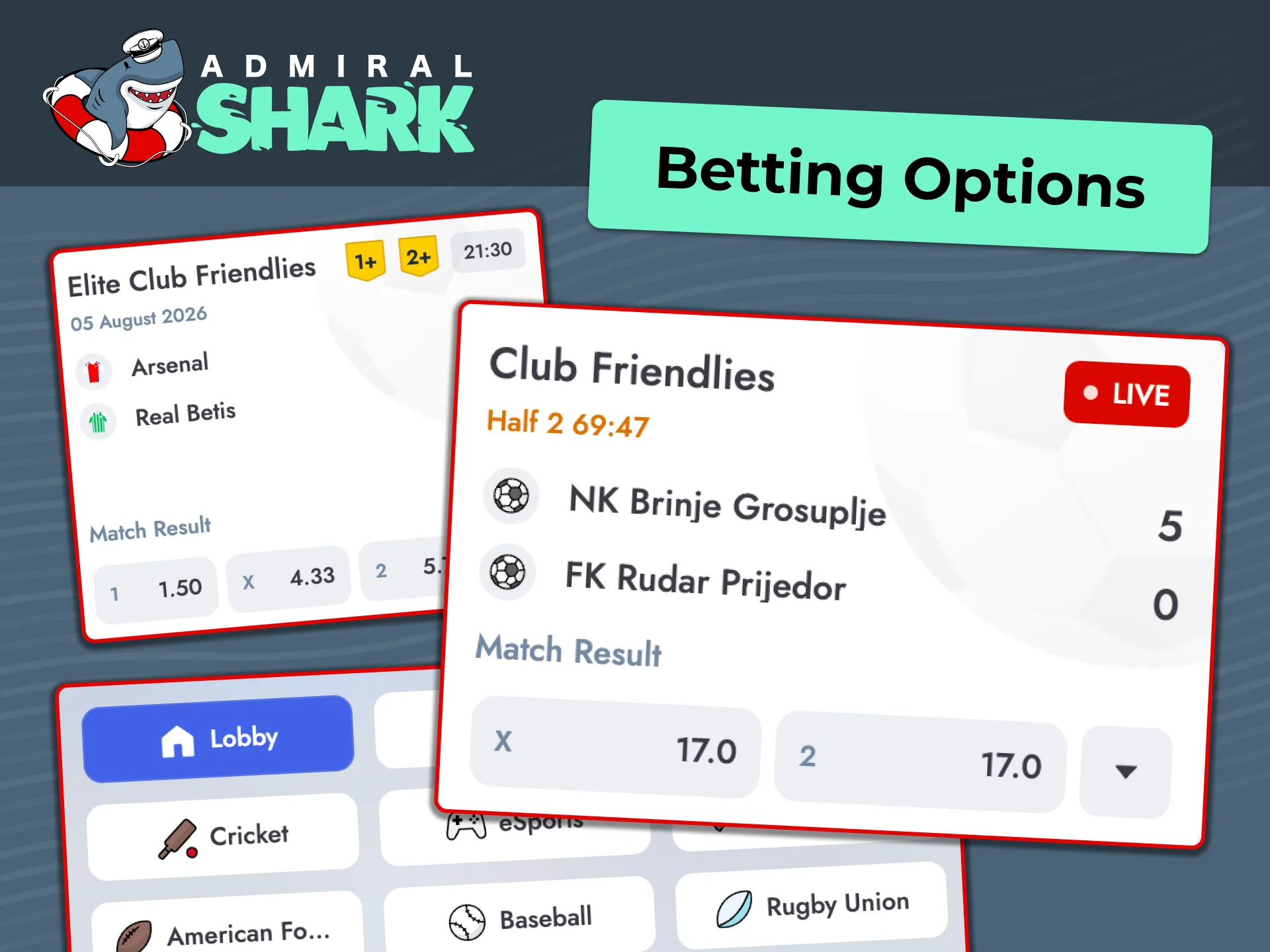 Tailor your sports bets at Admiral Shark using top in-play features.