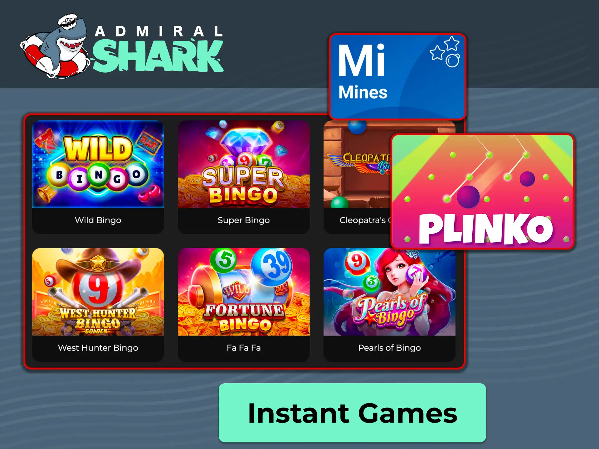 Play fast Instant Games at Admiral Shark for quick wins today.