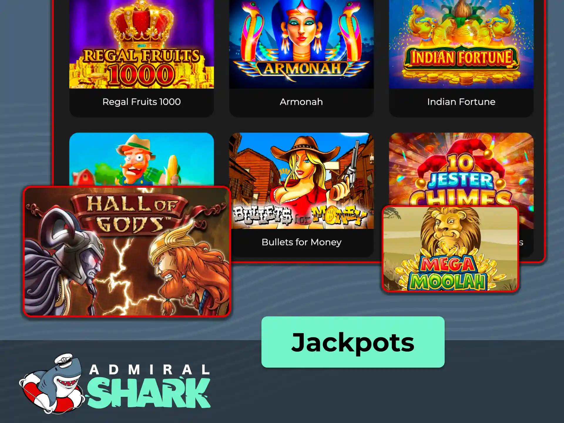 Play fixed and progressive jackpots at Admiral Shark today.