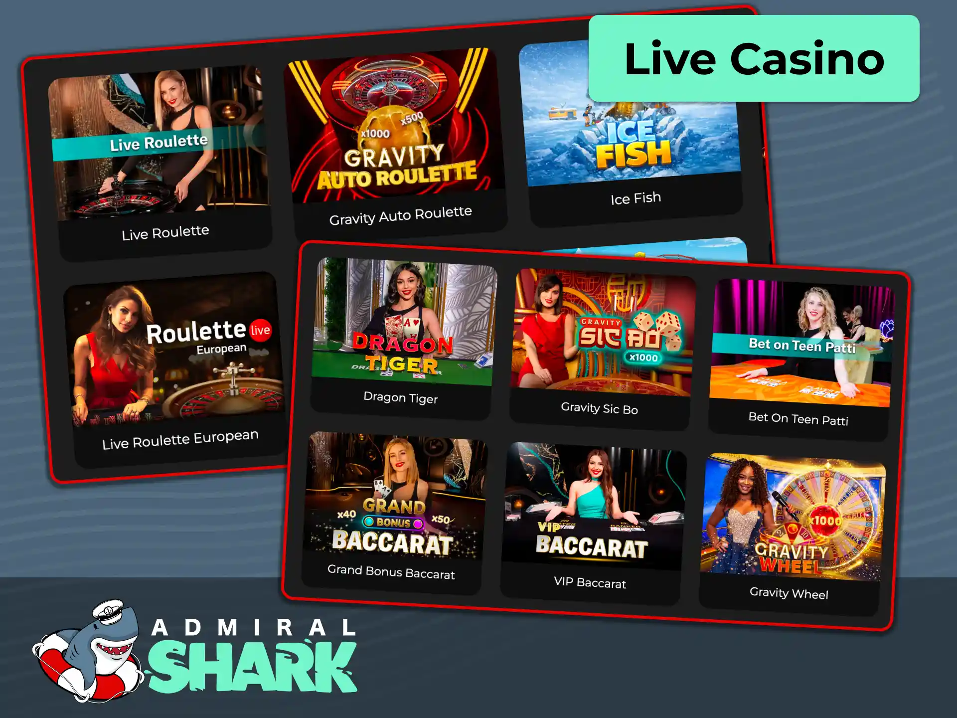 Experience real-table gaming with live dealers at Admiral Shark live casino.