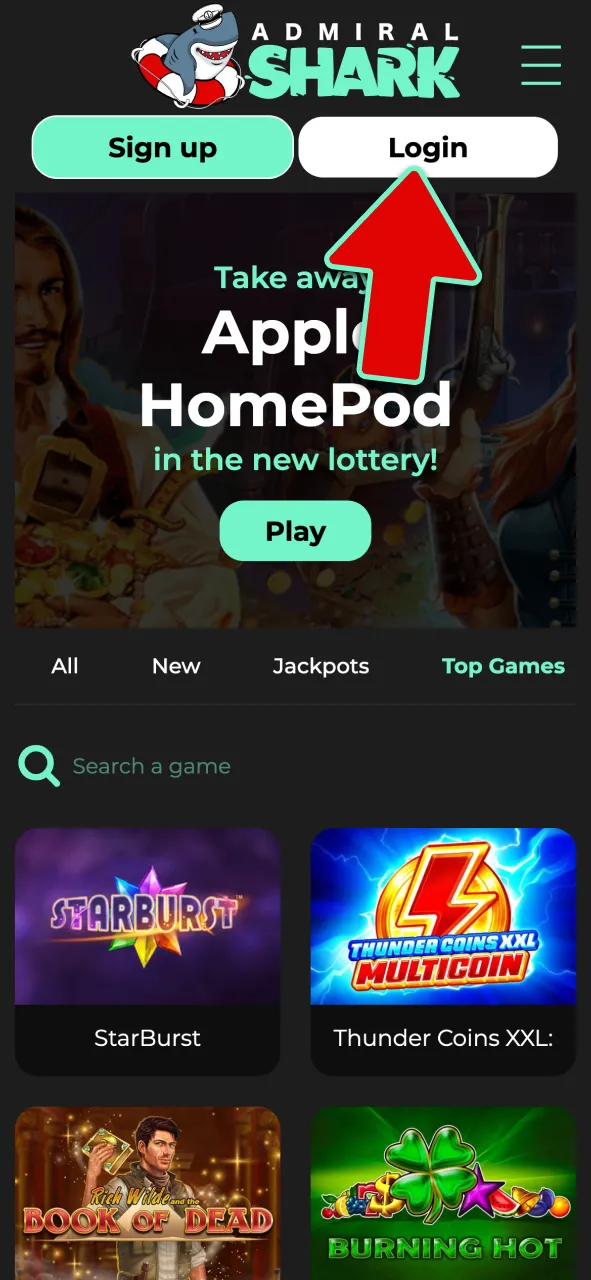 Click log in at Admiral Shark to access your account.