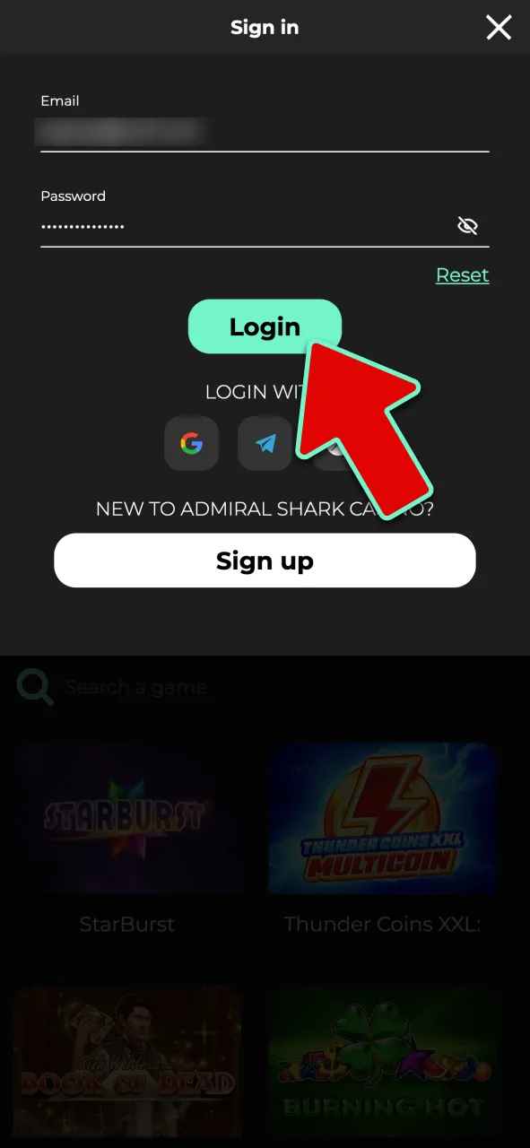 Enter email and password at Admiral Shark to log in.