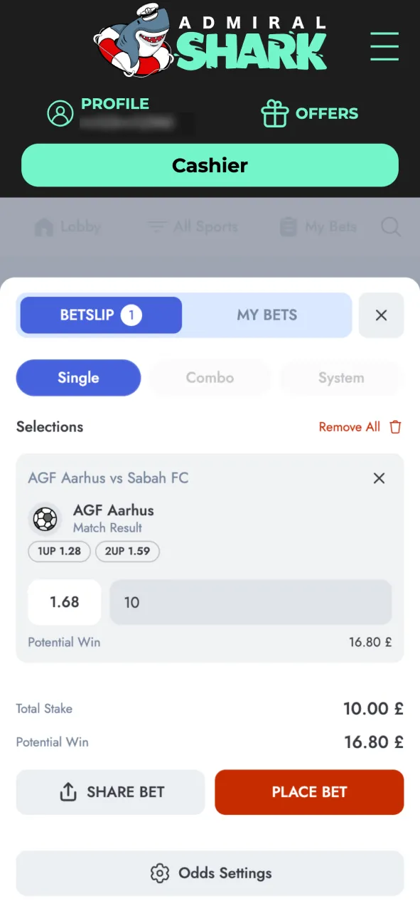 Open your bet slip at Admiral Shark and check active selections.