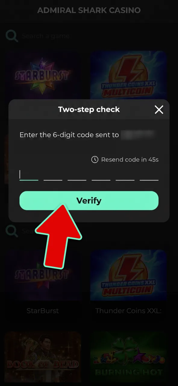 Enter security code at Admiral Shark to secure your log in.