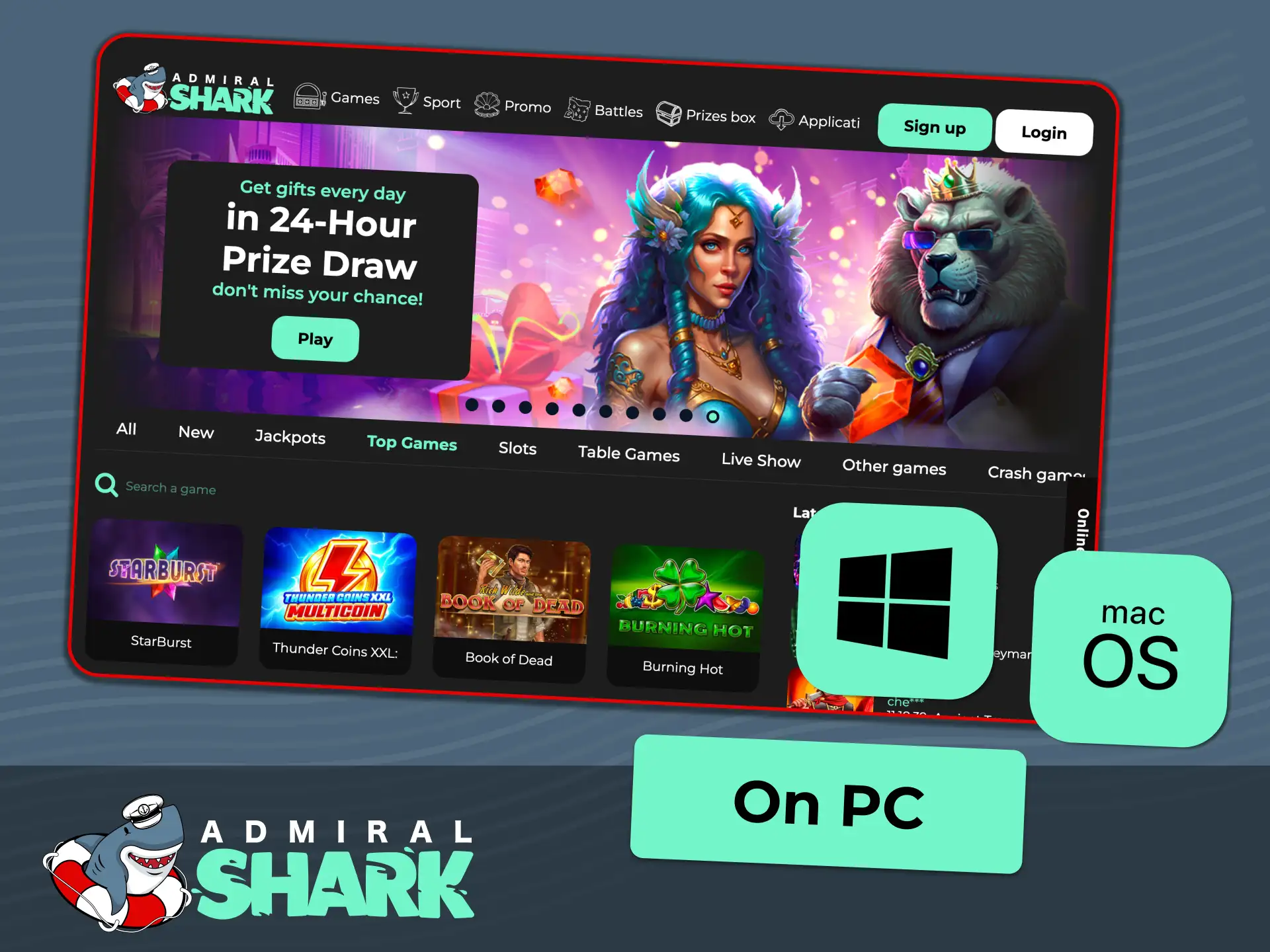 Access Admiral Shark site on Windows and macOS with no desktop app required.