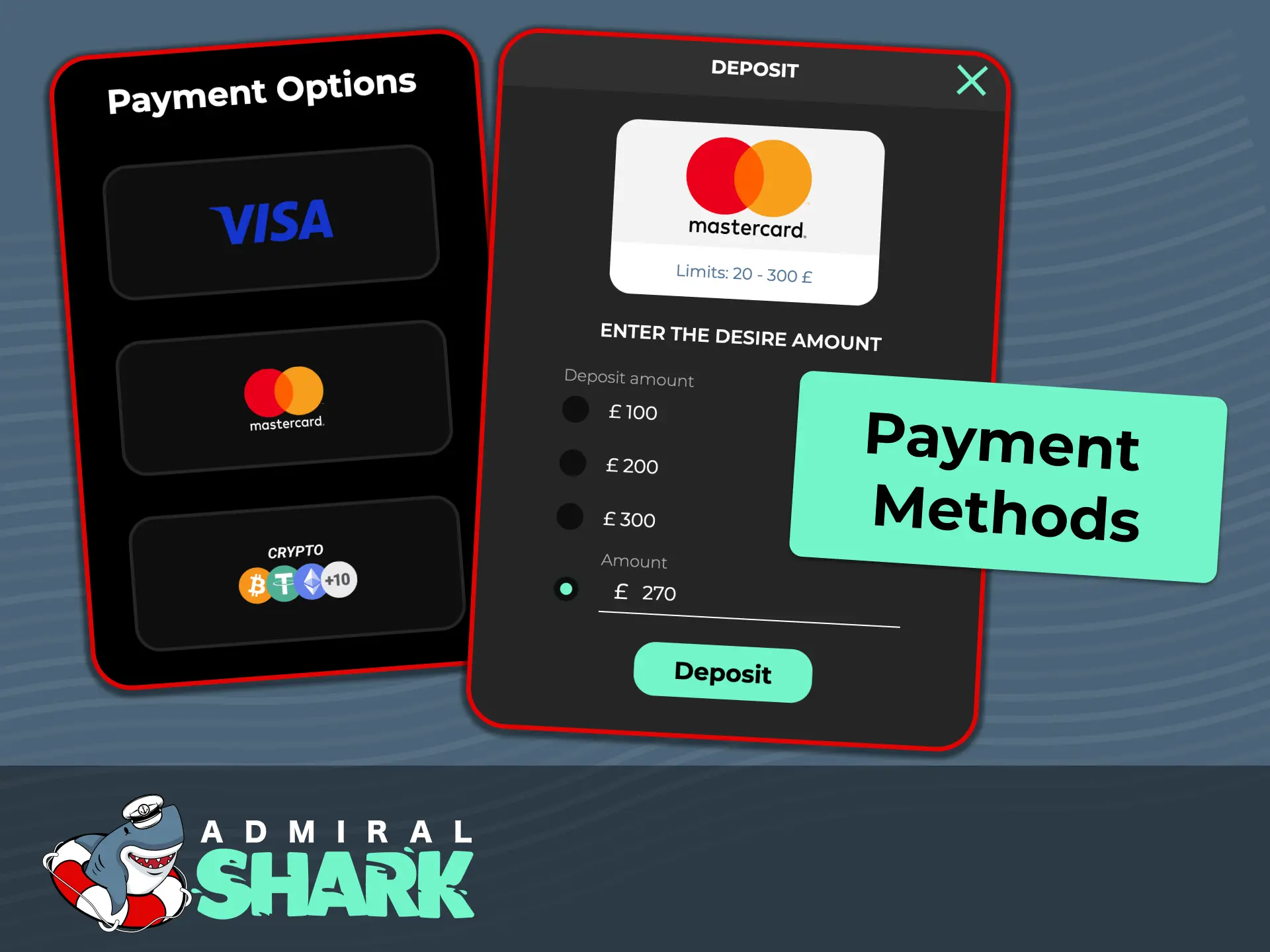 Choose trusted payment options for fast deposits and secure withdrawals at Admiral Shark.
