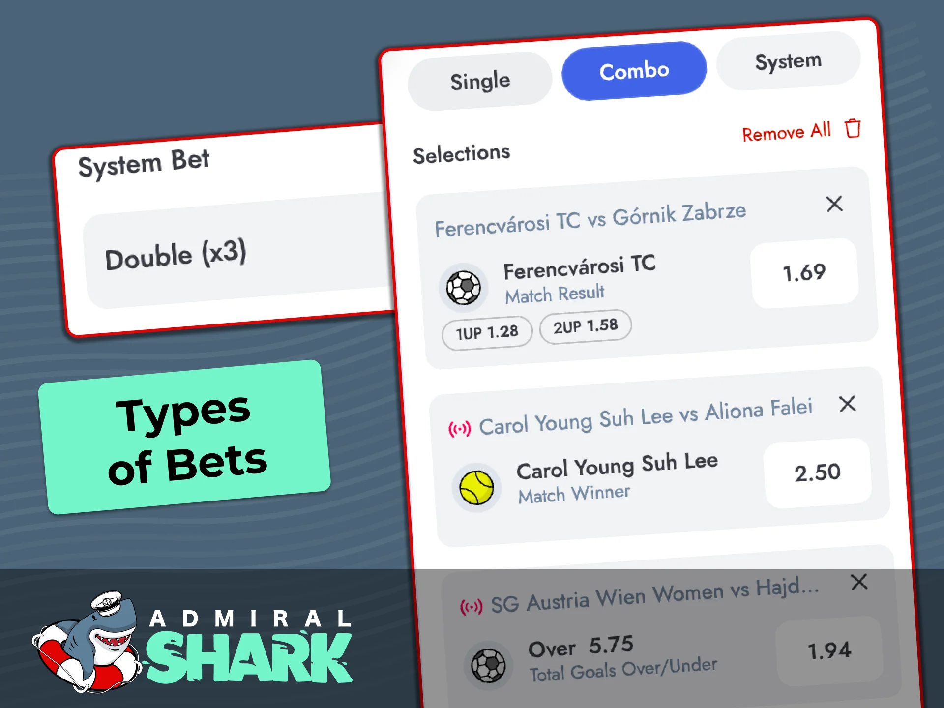 Explore bet types at Admiral Shark including Singles, Express, and System bets.