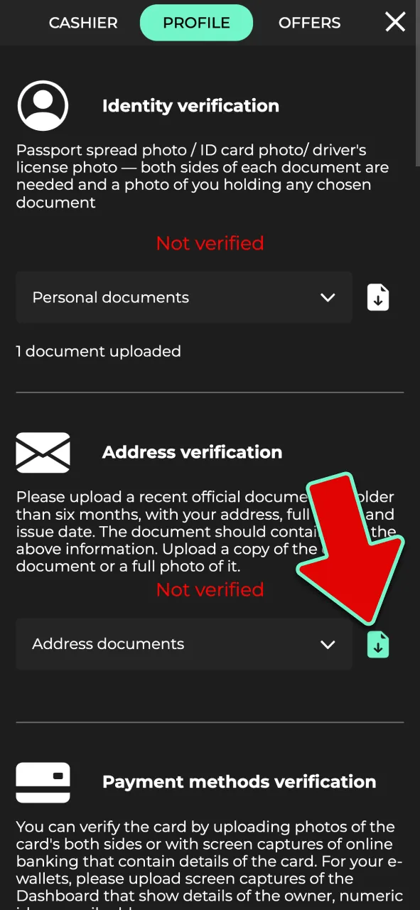 Upload proof of address at Admiral Shark to verify your profile.