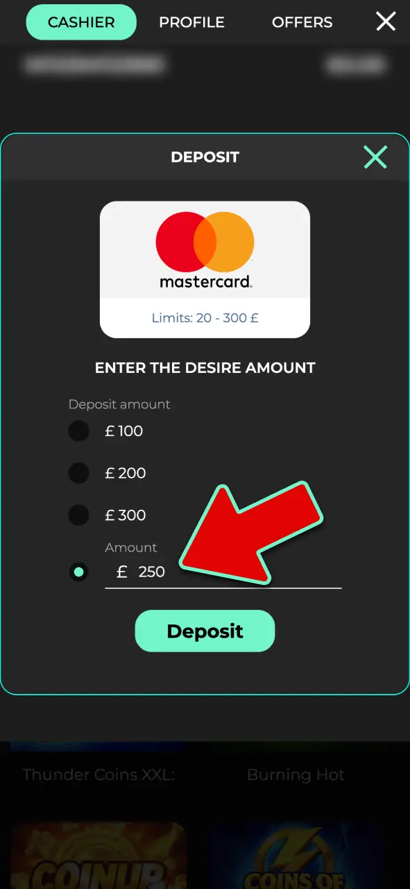 Specify your deposit amount within allowable limits and confirm bank authorization at Admiral Shark.