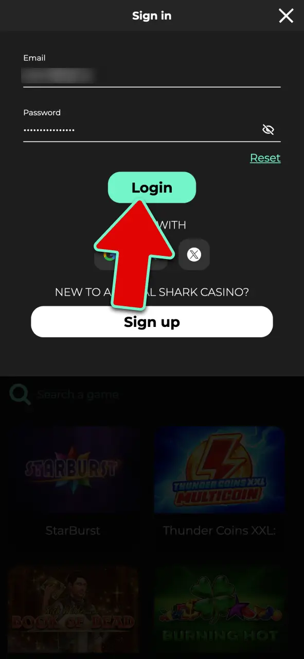 Sign in to your account and open the Cashier menu on Admiral Shark.