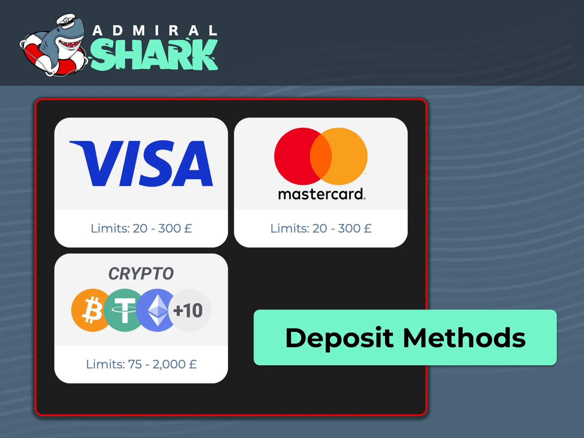 Choose between instant bank debit card deposits and fast crypto options at Admiral Shark.