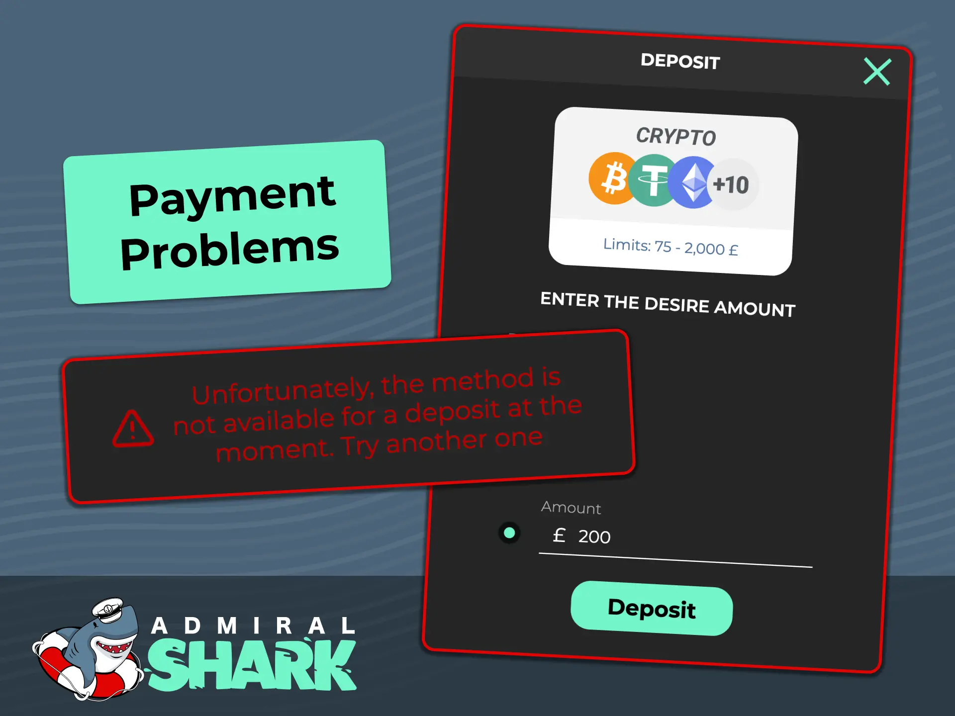 Review common deposit and withdrawal issues and quick fixes for Admiral Shark.