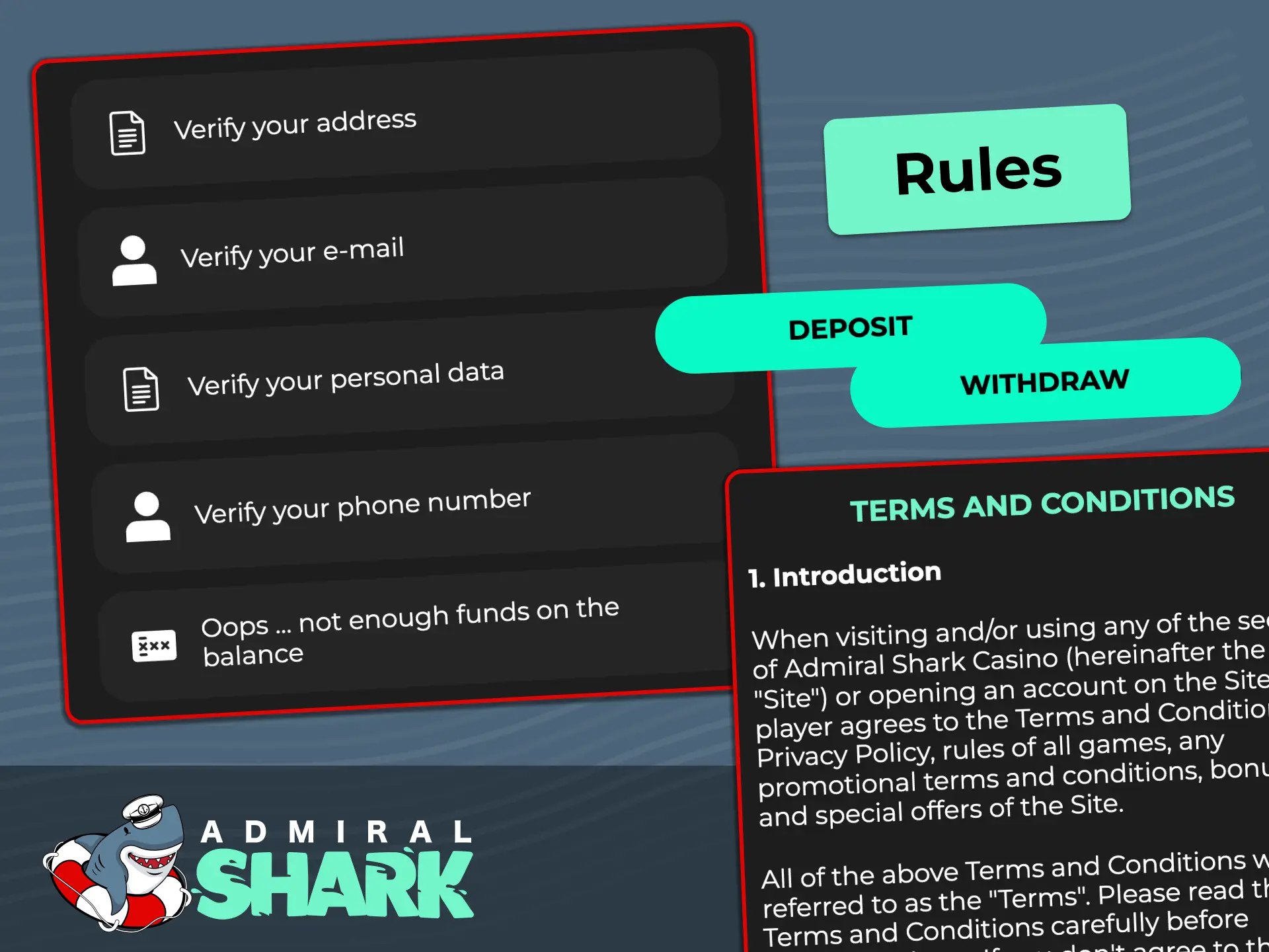 Review UK payment rules, verification requirements, and financial checks at Admiral Shark.