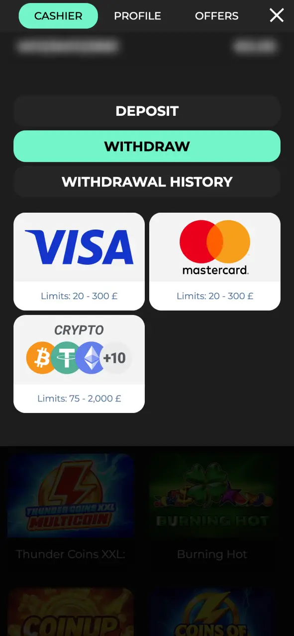 Sign in to your profile and navigate to the Withdraw section at Admiral Shark.