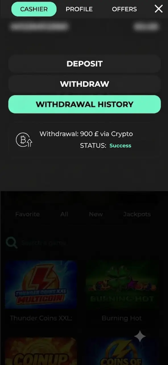 Submit your withdrawal request and track its progress in Transaction History at Admiral Shark.