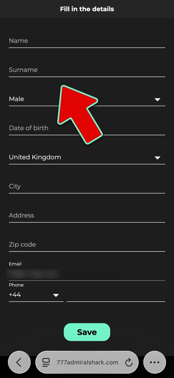 Enter your name, date of birth, UK address, and password at Admiral Shark.