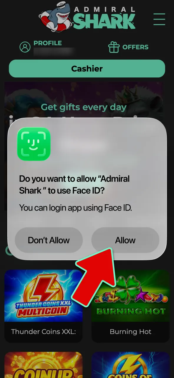 Enable Face ID or fingerprint login for secure access to Admiral Shark.