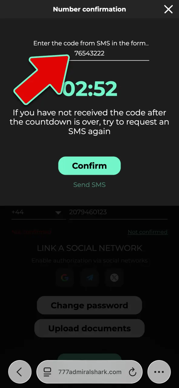 Verify your Admiral Shark account by entering the email or SMS code.