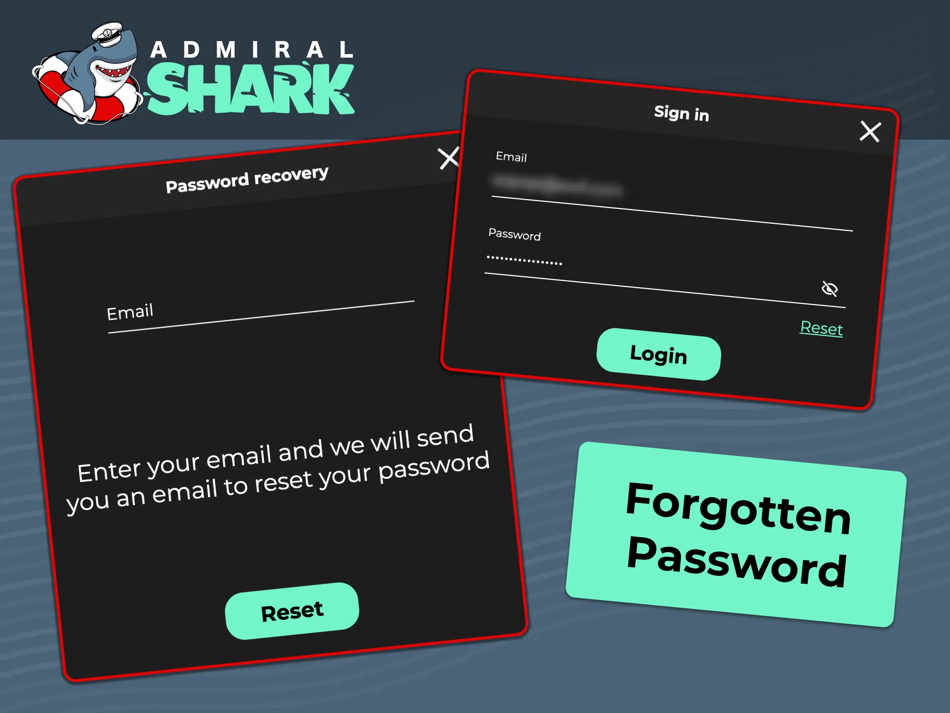 Enter the security code to verify identity and set a new password at Admiral Shark.
