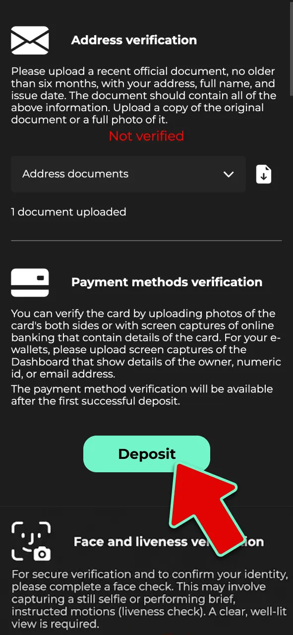 Verify payment method ownership at Admiral Shark with a card or e-wallet screenshot.