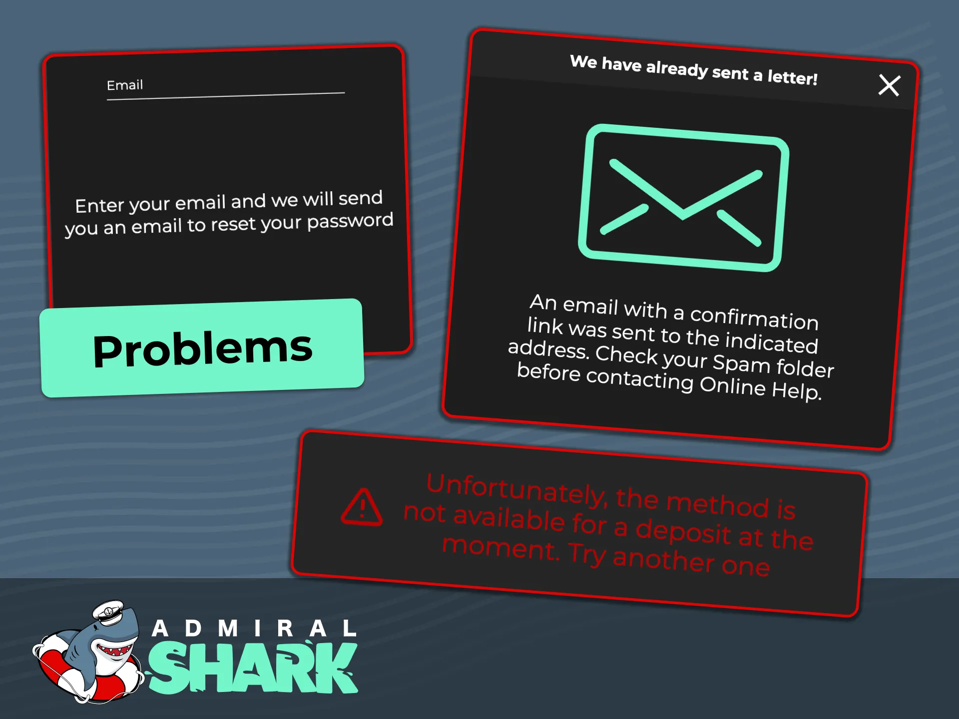 Troubleshoot common account registration issues and contact support on Admiral Shark.