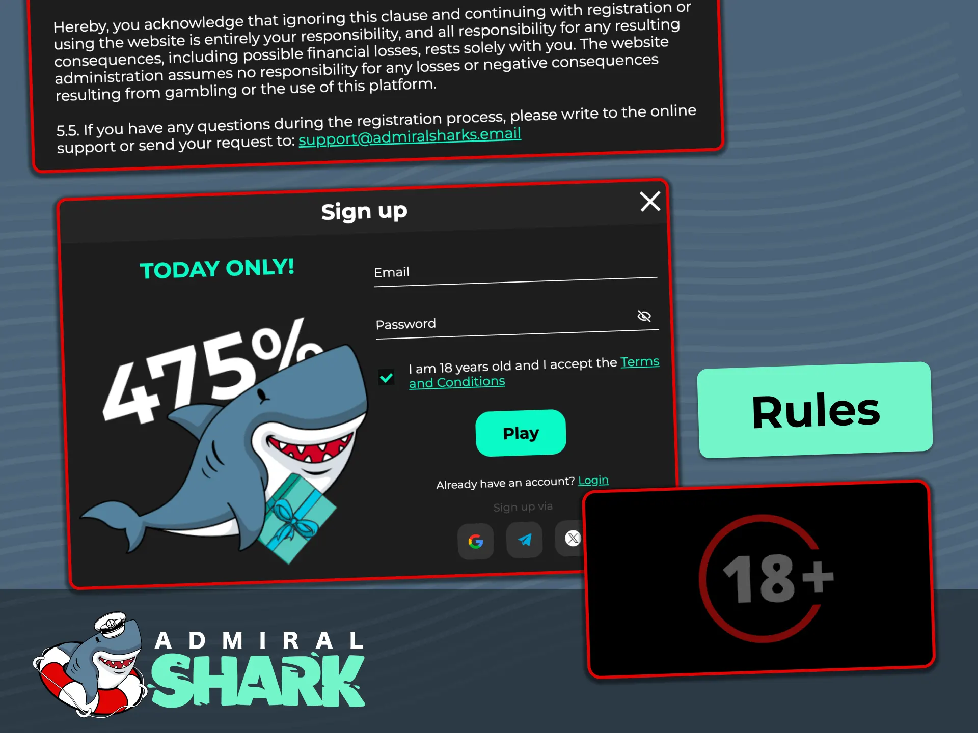 Check registration rules and eligibility criteria for UK players at Admiral Shark.