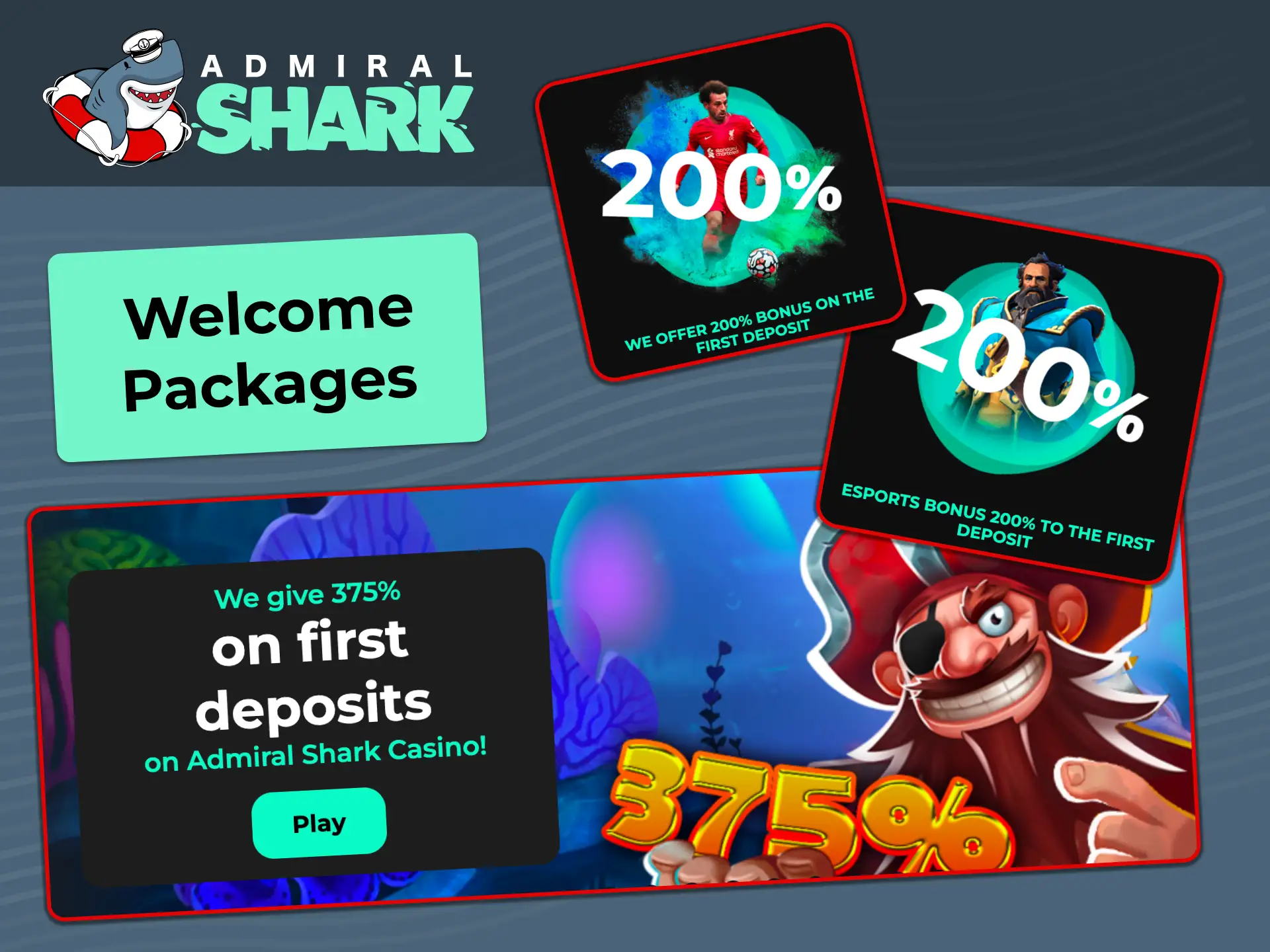 Claim casino, sports, and esports welcome packages after registering at Admiral Shark.