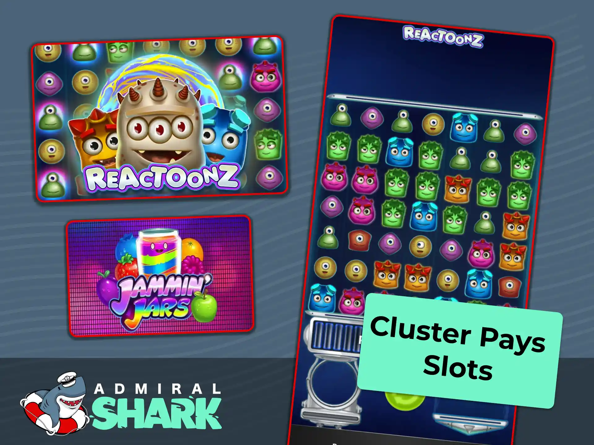 Play Cluster Pays slots with grid mechanics and cascading wins at Admiral Shark.