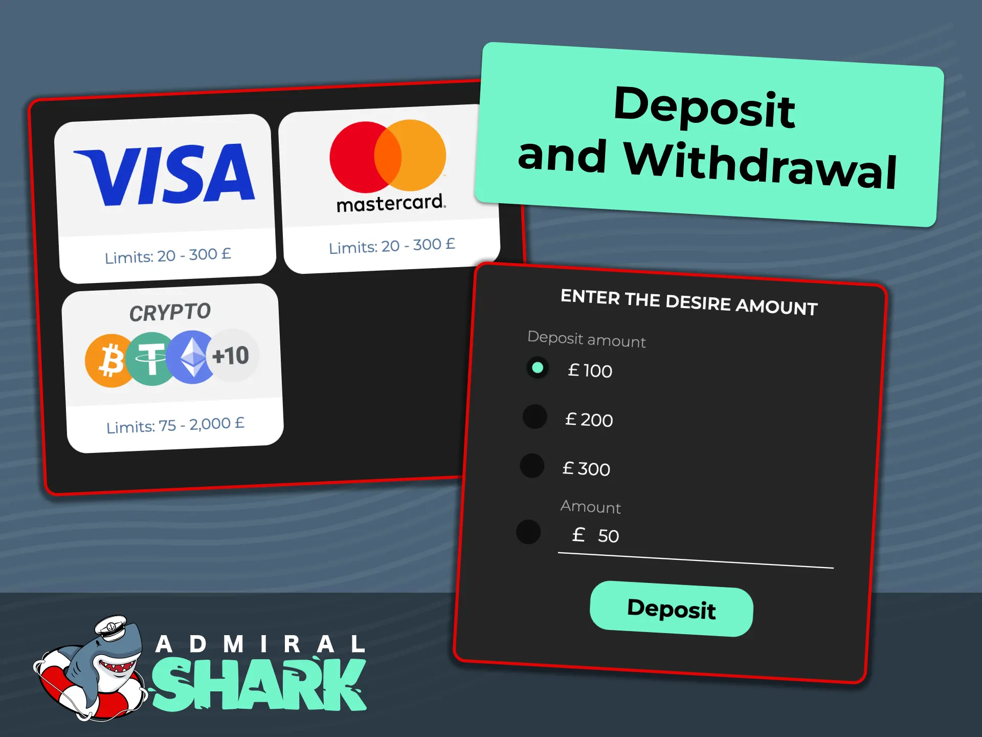Deposit and withdraw funds securely using debit cards, e-wallets, or crypto at Admiral Shark.