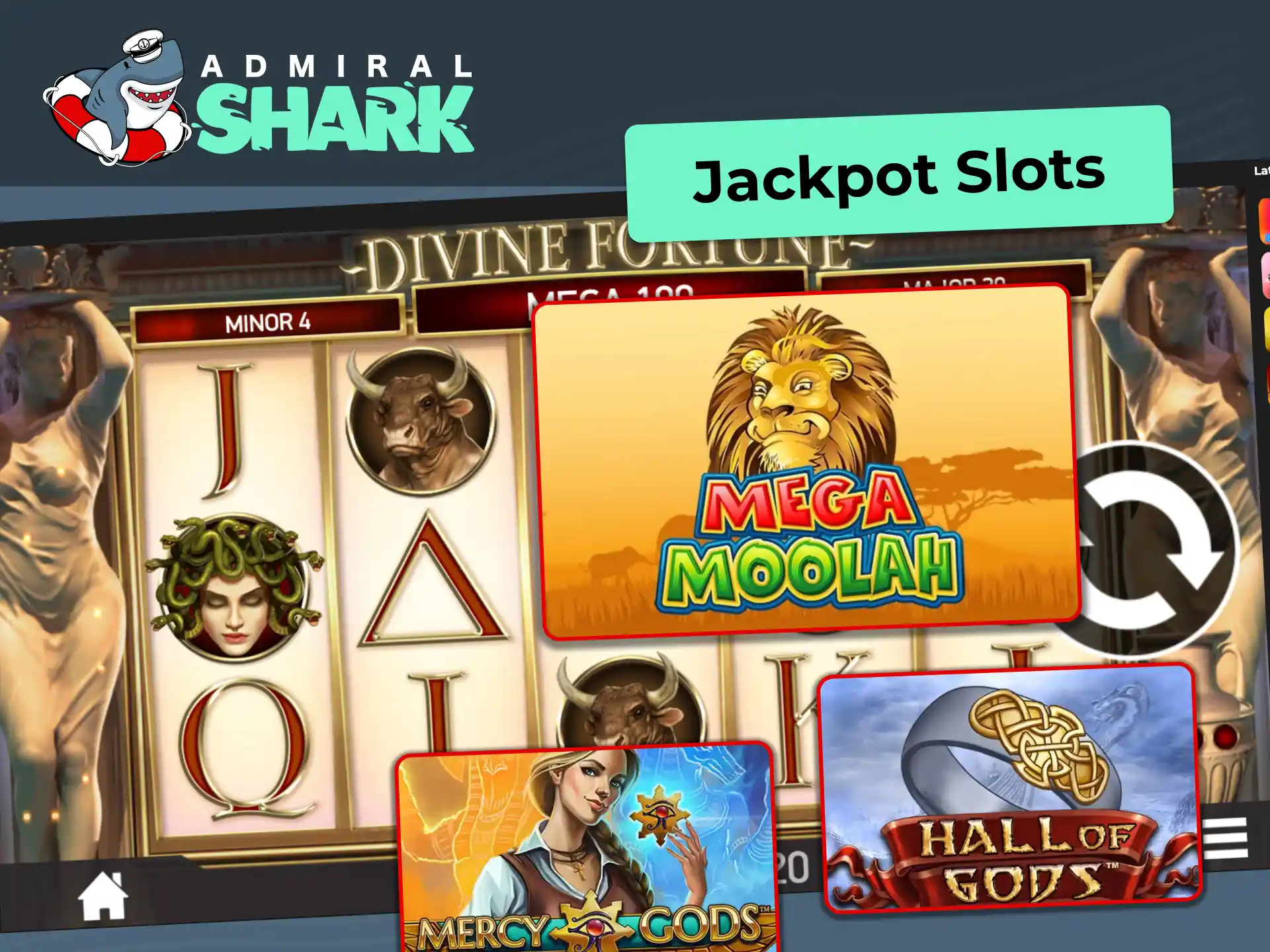 Play fixed and progressive jackpot slots online at Admiral Shark.