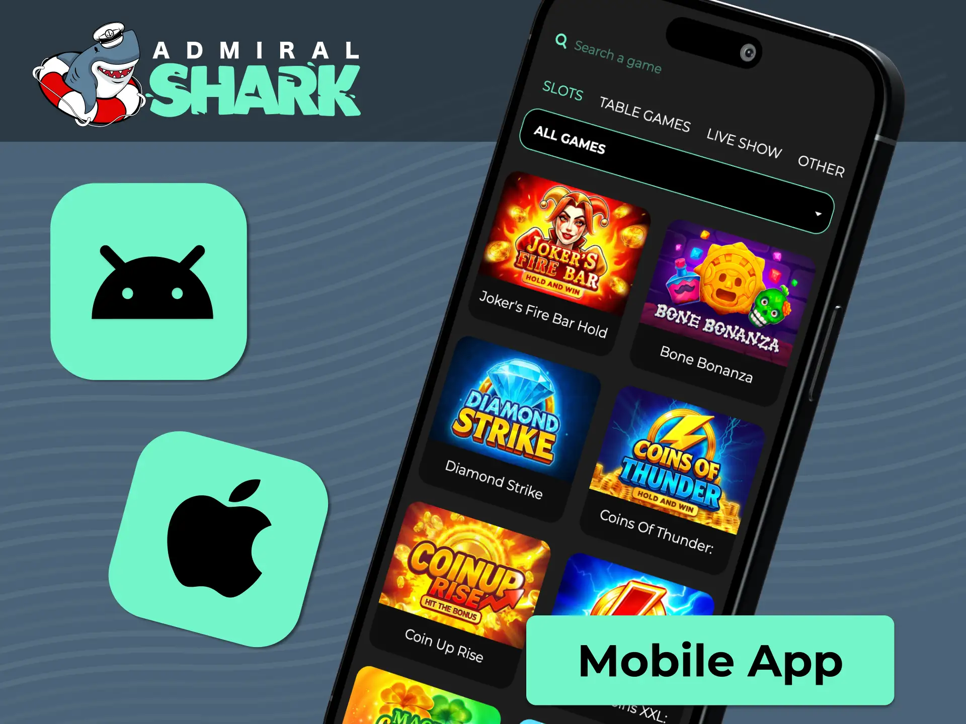Download the Admiral Shark mobile app or PWA for fast, one-handed slot play.